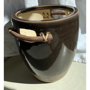 Vintage NorCal Clay Pottery Vase 8” Tall faux wood ceramic handles with leather